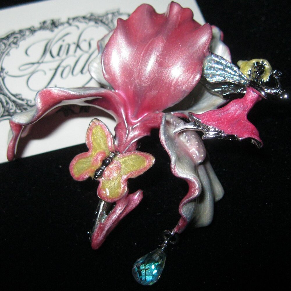 VINTAGE KIRKS FOLLY RARE ORCHID/IRIS BROOCH W/TINY FAIRY PINK AND SILVERTONE
